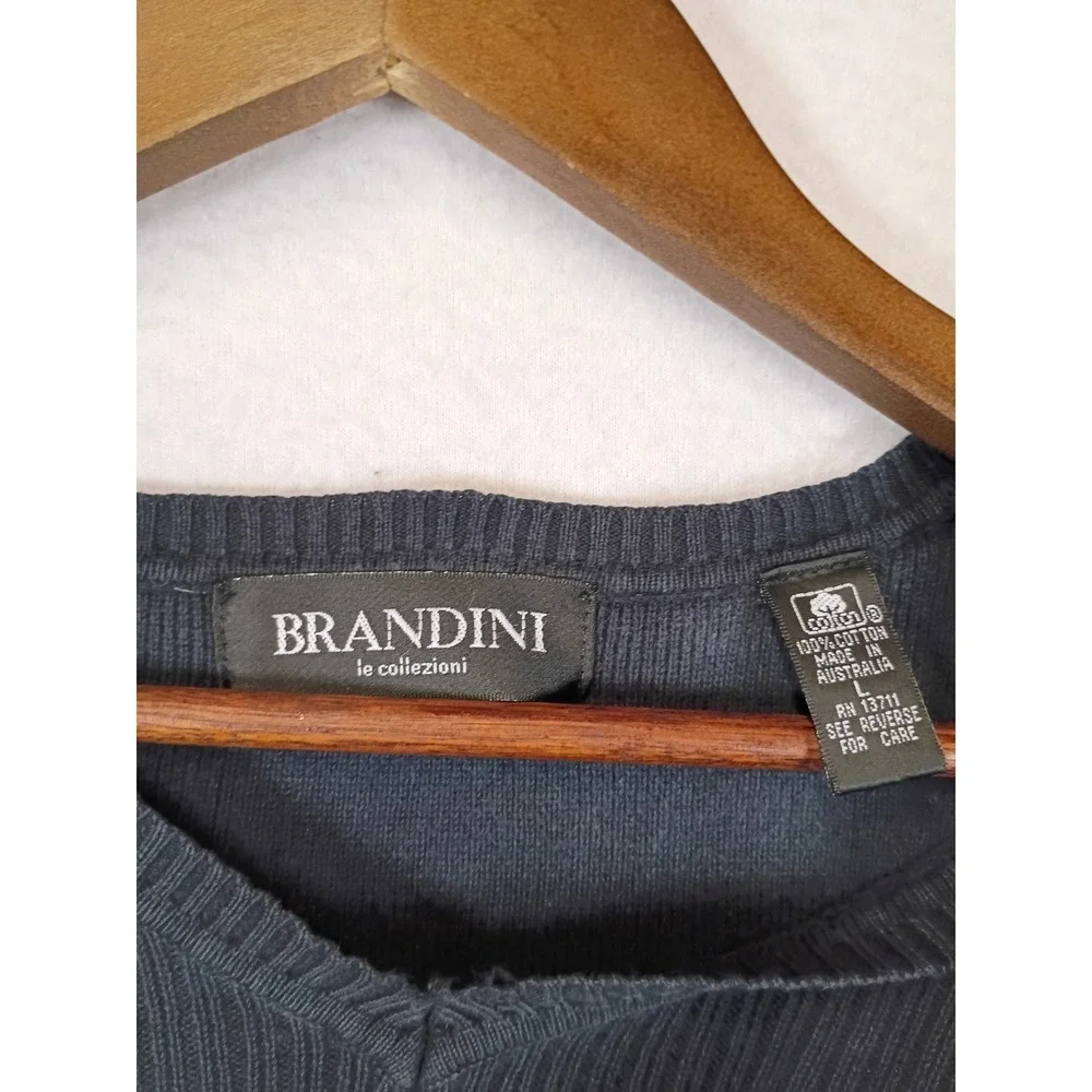 Dark Academia Brandini Mens Large Navy Blue Ribbed Cotton V-Neck Sweater Vest